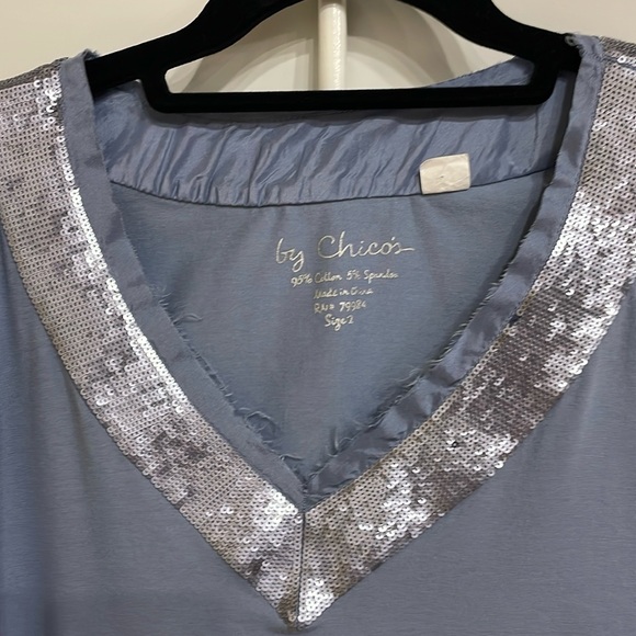Chico’s Size 2 ( 12/14) Dusty Blue Too with sequined V-Neck, 3/4 Sleeves. - Picture 2 of 7